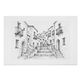 Stadt im Mittelmeerraum Pen Art Poster