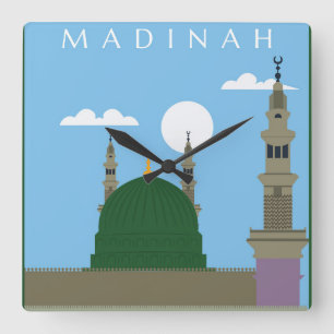 Stadt Madinah mit Masjid e Nawabi Quadratische Wanduhr