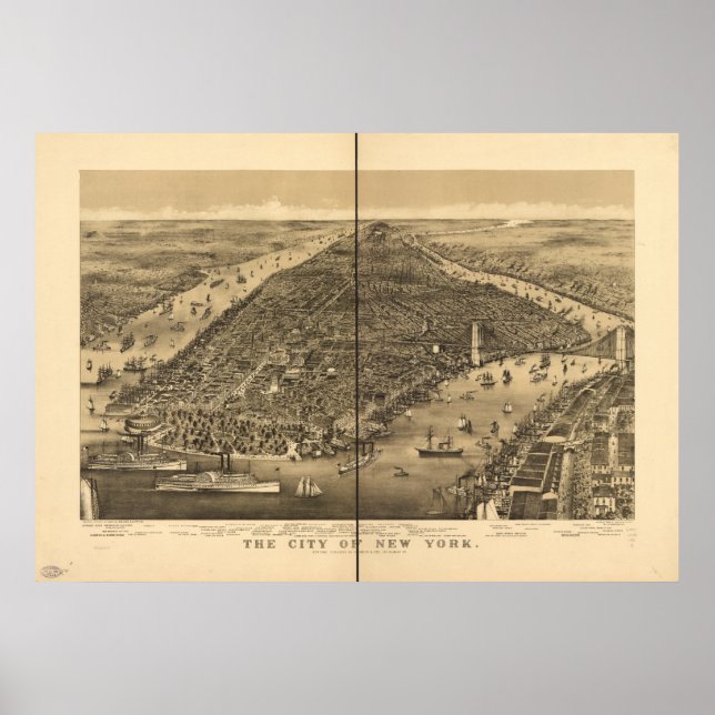Stadt New York 1886 Antike Panoramakarte Poster (Vorne)