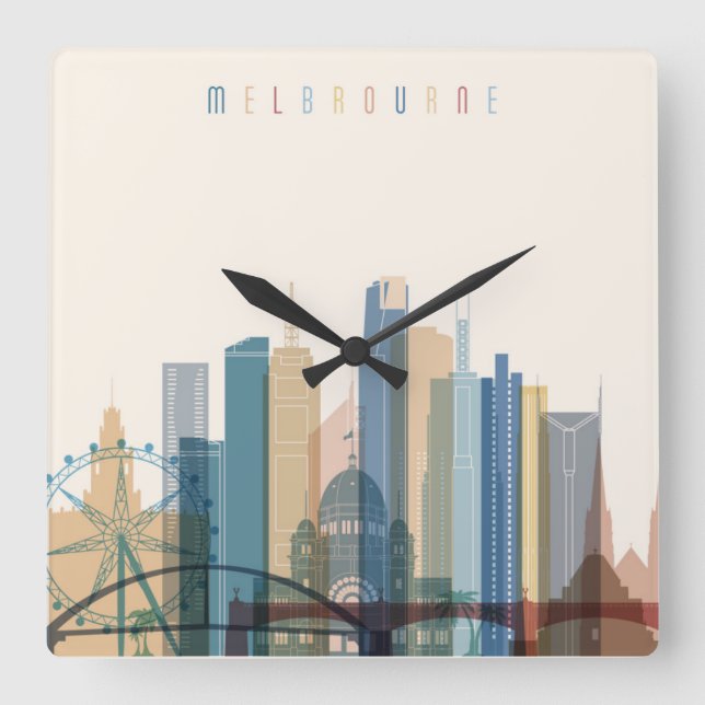 Stadt-Skyline Melbournes, Australien | Quadratische Wanduhr (Vorderseite)