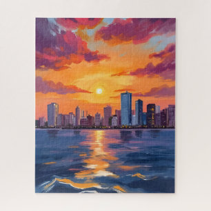 Stadt-Skyline-Sonnenuntergang-Aquarell-Kunst
