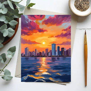 Stadt-Skyline-Sonnenuntergang-Aquarell Postkarte