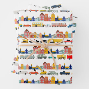 Stadt Transport Fahrzeuge Lastwagen Autos Kinder Geschenkpapier Set