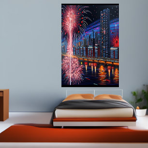 Stadt und Feuerwerk   AI Art Poster