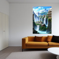 Stadt und großer Wasserfall | AI Art Poster