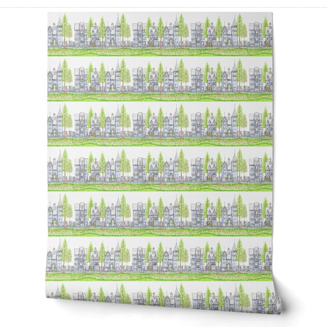 Stadt-Victorian-Blau-Wallpaper Tapete (Abrollen)