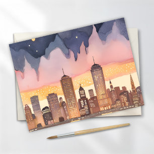 Stadtansicht bei Sonnenuntergang   Aquarellmalerei Postkarte