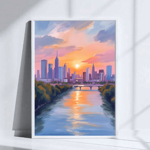 Stadtansicht Sonnenuntergang Aquarellmalerei Poster