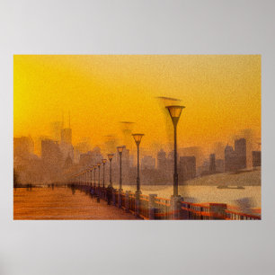 Stadtbild bei Sonnenuntergang Poster