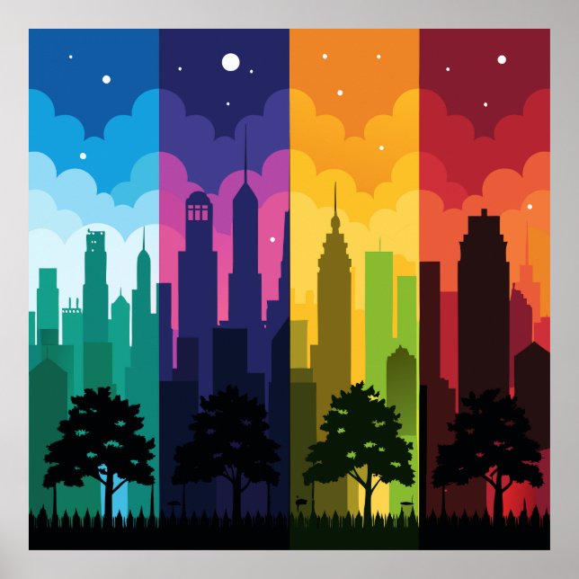 Stadtbild Silhouette Jahreszeiten Poster (Vorne)
