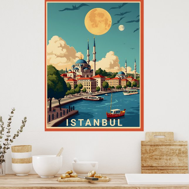 Stadtbild von Istanbul mit Vollmond Poster (Küche)