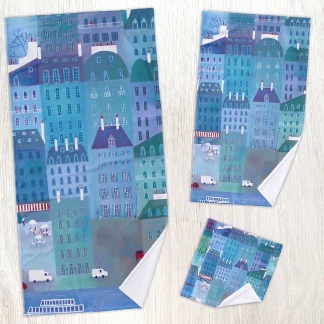 Stadtbild von Paris in Blau Badhandtuch Set (Paris France cityscape blue art bathroom towel set.)