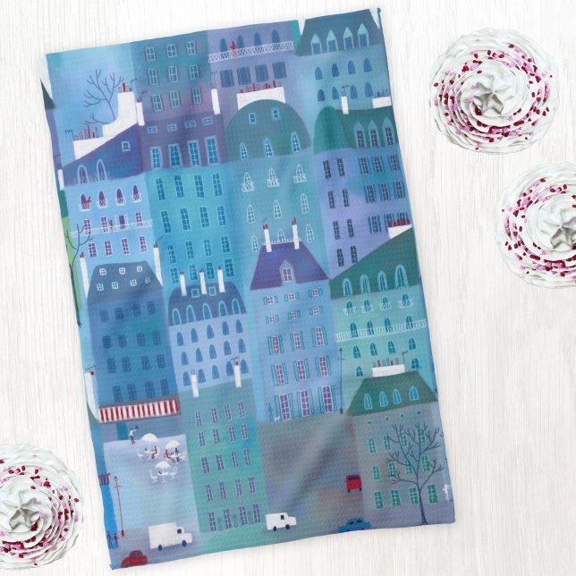Stadtbild von Paris in Blau Geschirrtuch (Paris France blue art kitchen tea towel)