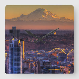 Stadtbildansicht von Seattle im Stadtzentrum Quadratische Wanduhr