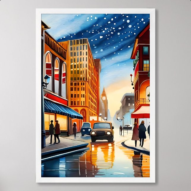 Städtemalerei bunt helle Nachtschneewagen Poster (city painting colorful light night winter snow car)