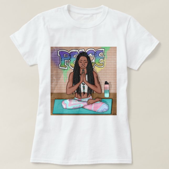 Städtische Kunst | Hübsche Frau, die Meditation du T-Shirt (Design vorne)