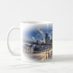 Städtische Schlagzeilen in bewegter Skyline-Drama- Kaffeetasse