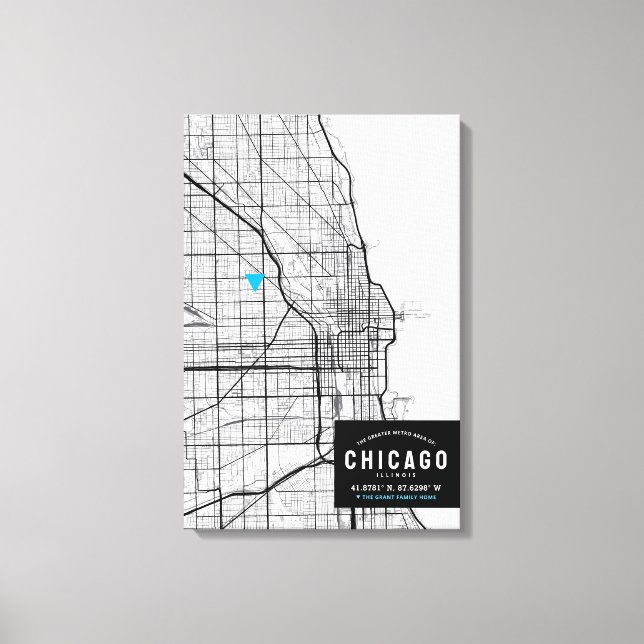 Stadtkarte von Chicago + Ort markieren Leinwanddruck (Vorderseite)