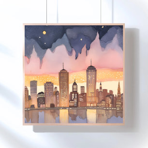 Stadtlandschaft bei Sonnenuntergang Aquarellmale Poster