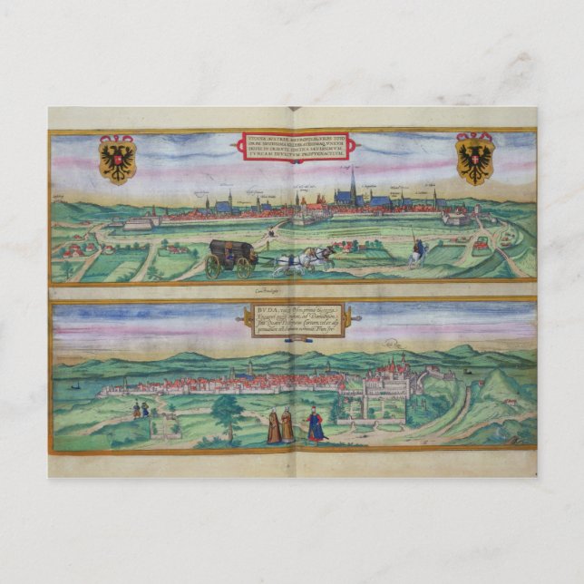 Stadtplan von Wien und Buda, von "Civitates Orbi" Postkarte (Vorderseite)