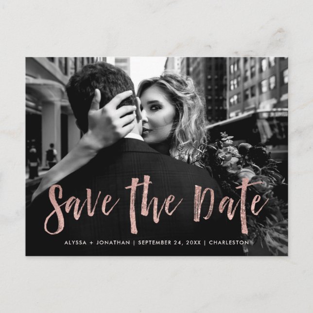 Stadtstil | Rose Gold und Foto Save the Date Einladungspostkarte (Vorderseite)