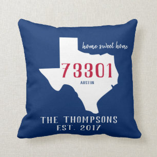 Stadtzipcode-Zuhause-Kissen-blaues Rot Texas Kissen
