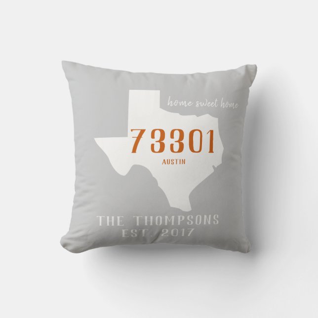Stadtzipcode-Zuhause-Kissen-orange Grau Texas Kissen (Vorderseite)