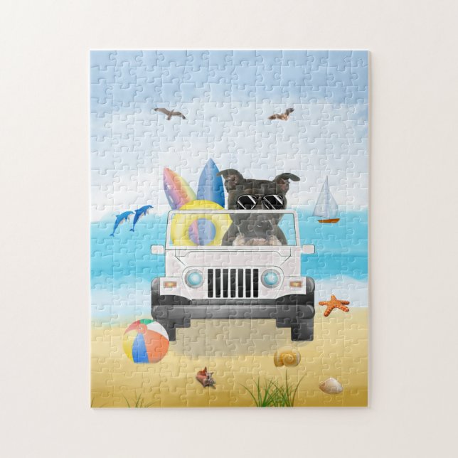 Staffordshire Bull Terrier Dog Driving on Beach (Vertikal)