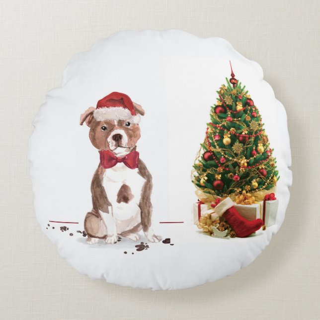 Staffordshire Bull Terrier Funny Christmas Dog Rundes Kissen (Vorderseite)
