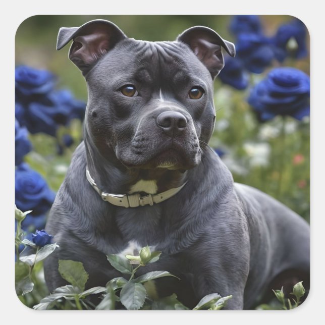 Staffordshire Bull Terrier in Blue Rose Garden, Quadratischer Aufkleber (Vorderseite)
