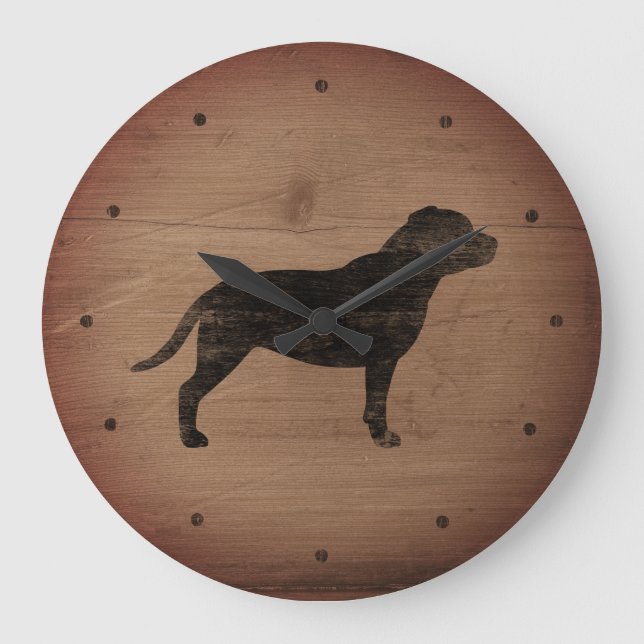 Staffordshire Bull Terrier Silhouette Rustic Style Große Wanduhr (Vorderseite)