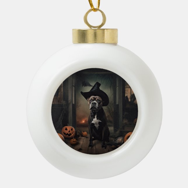 Staffordshire Terrier Pumpkins Halloween Beängstig Keramik Kugel-Ornament (Vorderseite)