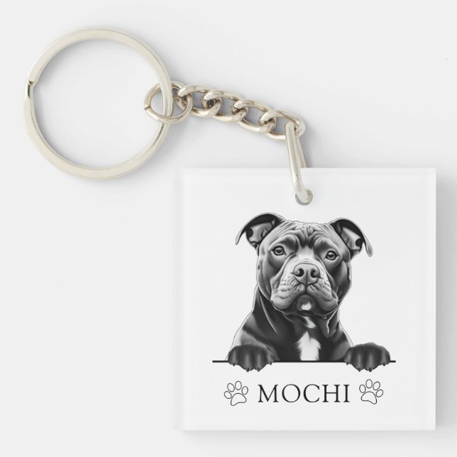 Staffy Dog Hand Zeichne Personalisiert Schlüsselanhänger (Vorderseite)