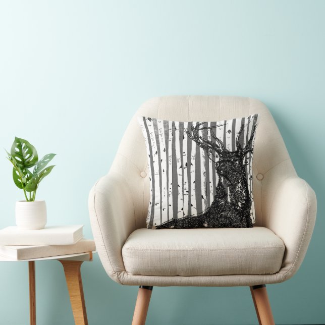 Stag Deer Linen Texture Birch Tree Pillow Kissen (Stuhl )