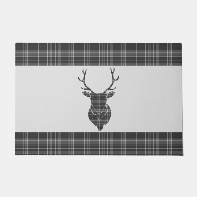 Stag Head Antler Rustic Gray Tartan Muster Fußmatte (Vorderseite)