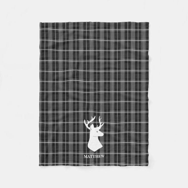 Stag Head auf Schwarz/Weiß Kariert Fleecedecke (Vorderseite)