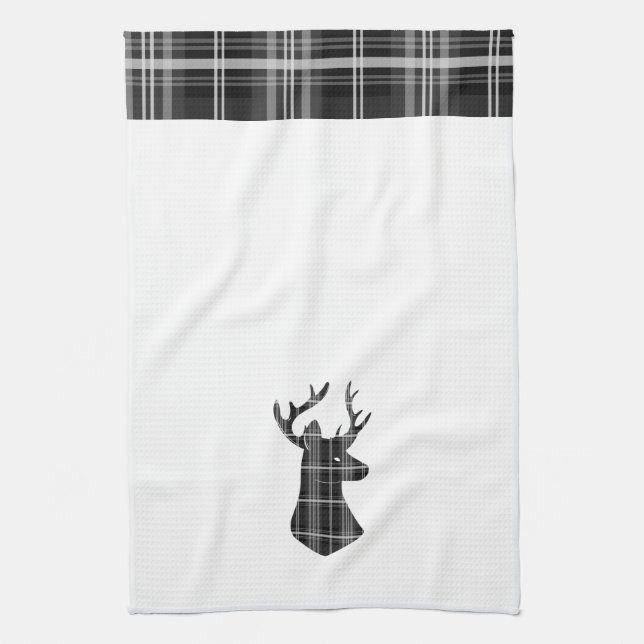 Stag Head auf Schwarz/Weiß Kariert Handtuch (Vertikal)