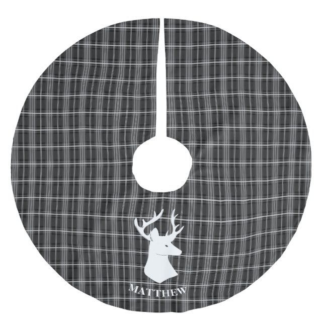 Stag Head auf Schwarz/Weiß Kariert Polyester Weihnachtsbaumdecke (Vorderseite)