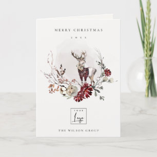 Stag Marsala Foliage Wreath Frohe Weihnachtslogos Feiertagskarte