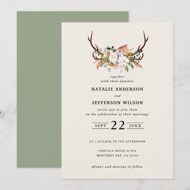 Stag sage grün Blumen rustikal elegant modern Einladung (Vorne/Hinten)