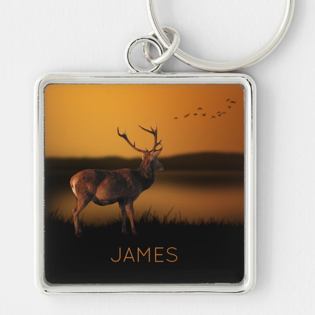 Stag Sunrise Misty Morning Dee Personalisiert Schlüsselanhänger (Vorne)