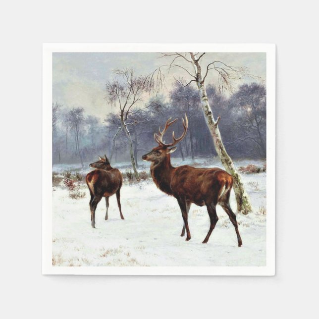 Stag und Dog in einer verschneiten Landschaft Serviette (Vorderseite)