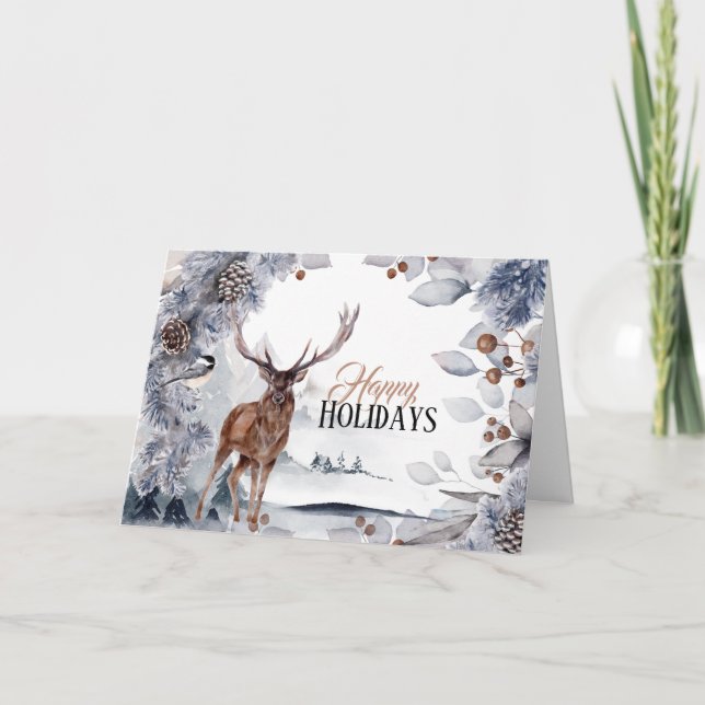 Stag Winter Kiefernkegel Waldlandschaft Aquarell Karte (Vorderseite)