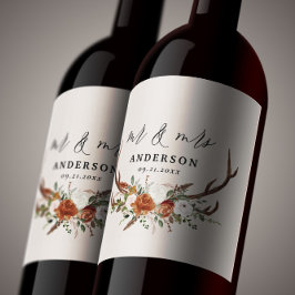 Stagrustic botanical wedding Mr. and mrs. script n Weinetikett