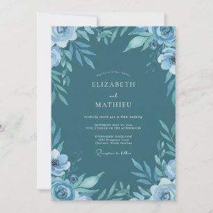 Stahl-Teal-Laub Hochzeit mit gedämpftem Eukalyptus Einladung