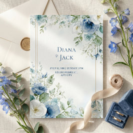 Stahlblau Botanical Roségold Doppelrahmen Einladung