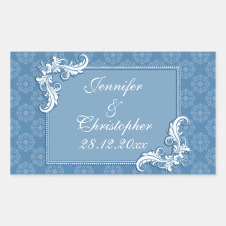 Stahlblau-Damast und Blumenrahmen-Hochzeit Rechteckiger Aufkleber