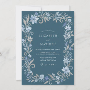 Stahlblau verzierte Winterhochzeit Einladung