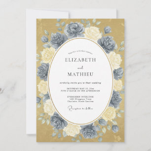 Stahlblaue Gold-Pfingstrosen-Hochzeit Einladung
