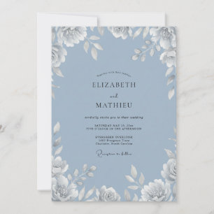 Stahlblaue Hochzeit mit Blüten Einladung